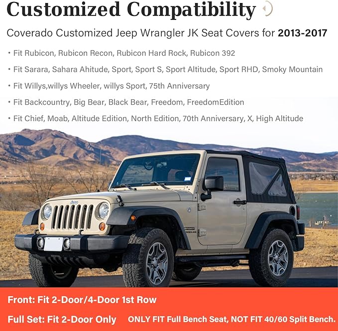 Coverado JK Seat Covers 2 Door Fullset for Jeep Wrangler, Waterproof Leather Car Seat Covers for Truck Automotive Seat Covers Custom Fit for 2013-2017 Jeep Wrangler Seat Covers Full Coverage(Gray)