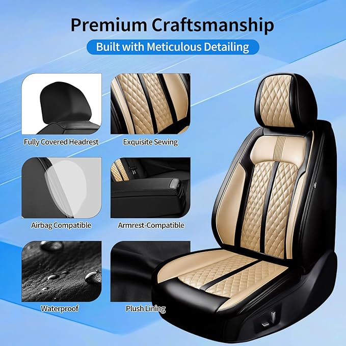 Fit Cruze Car Seat Covers for Select Chevrolet/Chevy Cruze 2011-2019, Premium Full Coverage Leather, Airbag Compatible, Waterproof All Weather Seat Cushion Protector, Front Pair Black+Beige