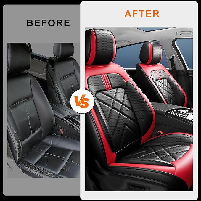 Car Seat Covers Compatible with Mazda 6 2007-2021, Full Coverage Premium Leather Waterproof Breathable Seat Covers, Automotive Seat Protectors, Airbag Compatible(2 Front Seats, Black & Red)