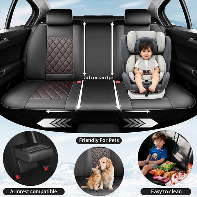 Fit HRV Car Seat Covers Compatible with Honda HRV 2016-2026, Premium Leather Breathable, Wear Resistant, Airbag Compatible, All-Weather Protection & Full Coverage, 2 Front Seat Red Line Black