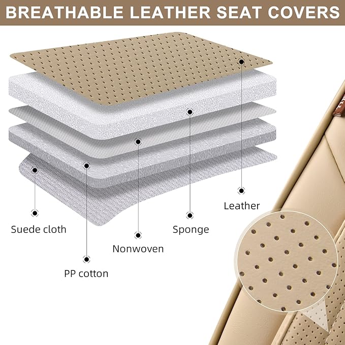 Beige Car Seat Covers Full Set, Breathable Leather Automotive Front and Rear Seat Covers & Headrest for Comfortable Driving, Compatible with Most Cars Sedans SUV Pickup Trucks