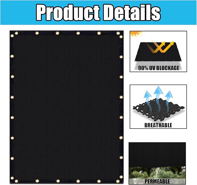 Amagenix 90% Shade Fabric 7'X 13' Black Sun Shade Cloth with Grommets for Pergola Replacement Shade Cover Canopy, Heavy Duty, Cable Zip Ties Included (We Customized)