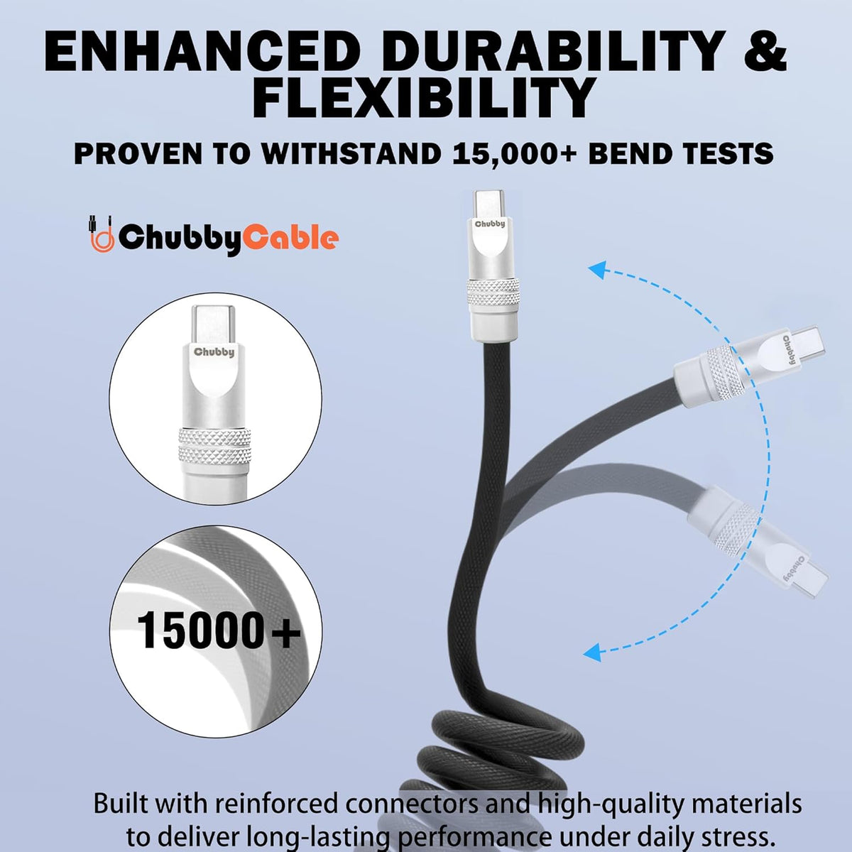 chubbycable Curly Chubby - Retractable Fast Charging Cable 240W Coiled Charger Cord for Car Durable USB-C Cable for Phones, Tablets and More, Gray, USB-A to Type-C, 1.3FT-2.3FT