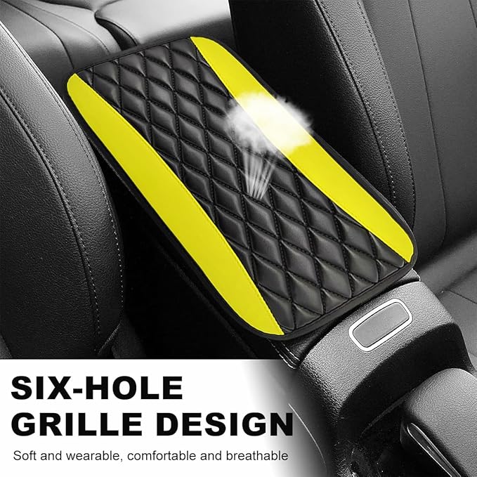 Car Center Console Cushion Pad, 12.6 × 7.48 Inches Waterproof Car Armrest Seat Box Cover, PU Leather Armrest Cover Protector for Most Vehicle, Universal Car Interior Accessories (Black+Yellow)