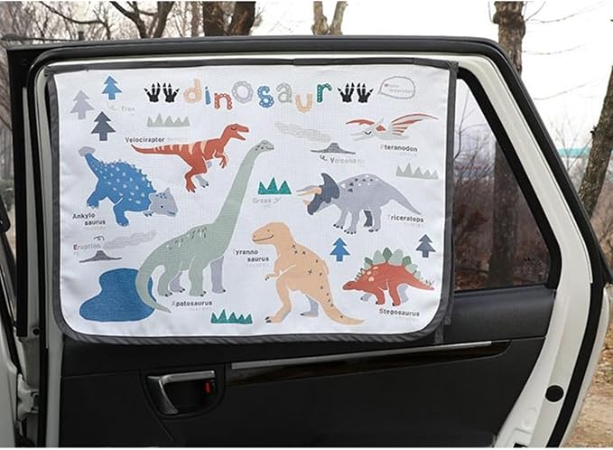 Magnetic Car Sun Shade Curtain for Side Window – Sun Blocker and UV Protector for Baby, Kids, and Pets – Universal Fit with Built-in Magnets for Steel-Framed Door (Dinosaur)