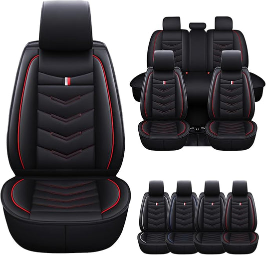 Car Seat Cover for Ford Explorer 2000-2025, Waterproof Durable Compatible Airbag, Premium Leather Seat Protector(5 Seats Standard,Black Red)