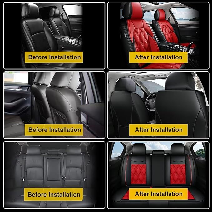 AOMSAZTO Car Seat Covers,Full Set 5 Seats Custom Fit for Ford Fusion 2010-2020,Leather Car Automotive Cushion Covers Seat Protector,Airbag Compatible Waterproof Black&Red