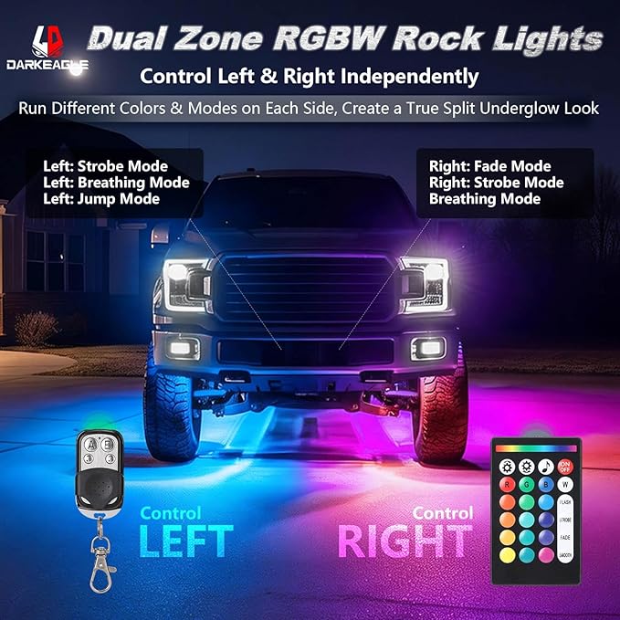 20Pods Heavy Duty Aluminum RGBW LED Rock Lights Kit for Trucks Pickup Dually Truck Off-Road, APP/RF Remote, Plug and Play&Pre Wired, IP67 Waterproof Multicolor Dual Zone 12V Underglow Accent Lights