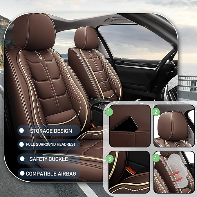Leather Car Seat Covers Fit for Toyota Highlander 2001-2024, 5 Seater Car Seat Cover, Premium Waterproof, Scratch Resistant Car Interior Accessories (Full Set Coffee)