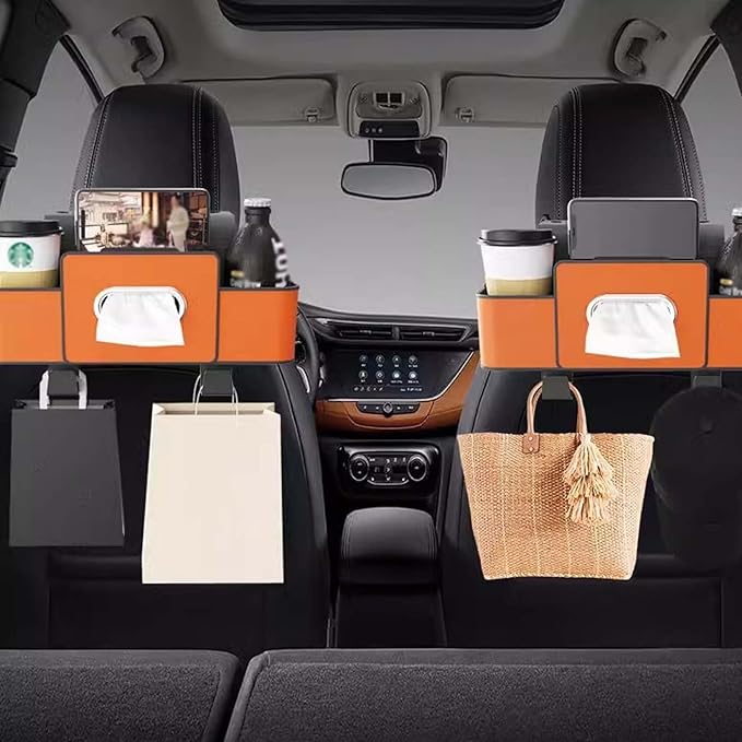 3-in-1 Car Backseat Organizer, 2026 Upgraded Multifunctional Car Seat Back Storage Box, Backseat Car Organizer with 2 Cup Holders, Tissue Box & Hooks, Universal Car Essentials (2Pack C)