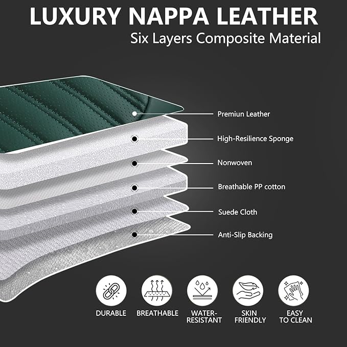 Car Seat Covers for Genesis GV70 2022-2025 2026, Full Set Nappa Leather Waterproof Breathable Anti-Slip Airbag Compatible Car Seats Protector, Car Interior Seats Cover (Green,+Pillow)
