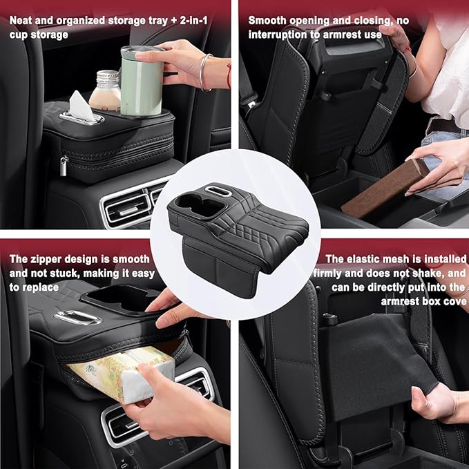 Car Armrest Storage Box for Cadillac XT4 2018–2025 2020 2021 2022 2023 2024, Sport-Style Center Console Organizer with Side Pocket, PU Leather Armrest Cushion, Elbow Support Pad,A Black