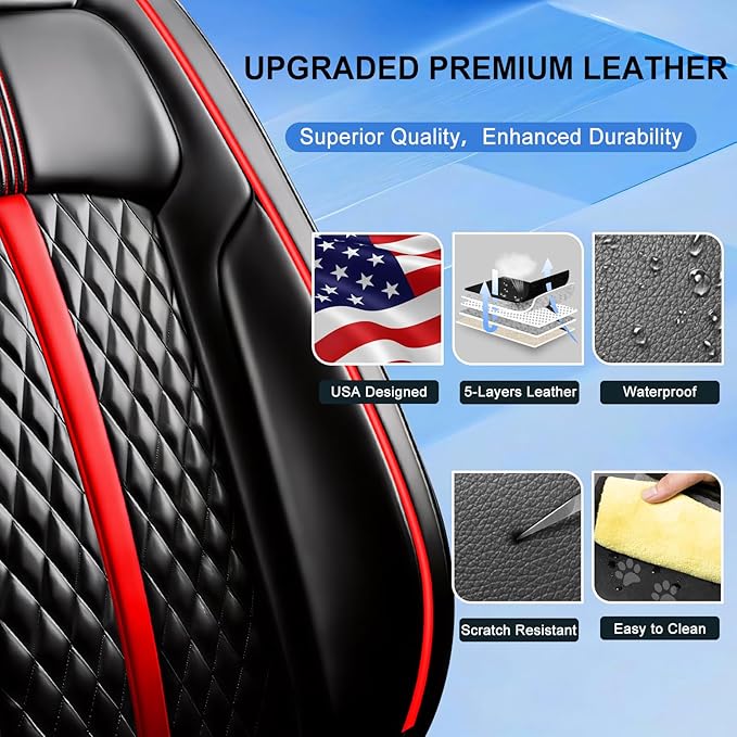 Fit Prologue Car Seat Covers (Front Pair) for Select Honda Prologue 2024-2026 - Premium Full Coverage Leather, Airbag Compatible, Waterproof & All Weather Seat Cushion Protector, Red Trim