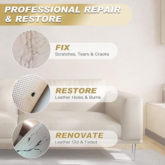 SEISSO Leather Repair Kit for Furniture, Beige Vinyl Repair Kit with Mink Oil for Couches, Color Restorer Conditioner, Leather Recoloring Balm for Scratches, Fading Shoes, Car Seat, Sofa