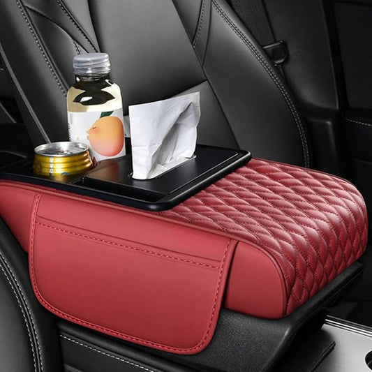 5-in-1 Car Armrest Pad Cushion, Water Ripple Embossed Center Console Booster Pad with Tissue Box, Cup Holder, Storage Bag, Phone Slot, Fit for Most Sedan Vehicles (Water Ripple Series, Burgundy)