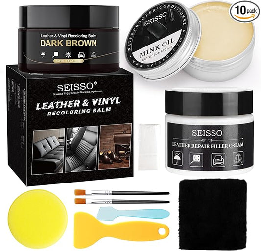 SEISSO Leather Repair Kit for Furniture, Dark Brown Vinyl Repair Kit with Mink Oil Car Interior Leather Recoloring Balm for Scratches, Fading Shoes, Car Seat, Sofa