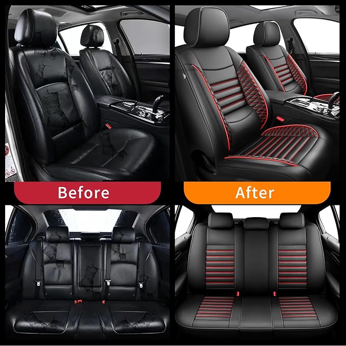 Fit Kona Car Seat Covers for Hyundai Kona 2018-2024 2025 2026 - Upgraded Premium Waterproof & Breathable Leather,Airbag Compatible, All-Weather Seat Cushion Protector(Full Set,Black+Red)