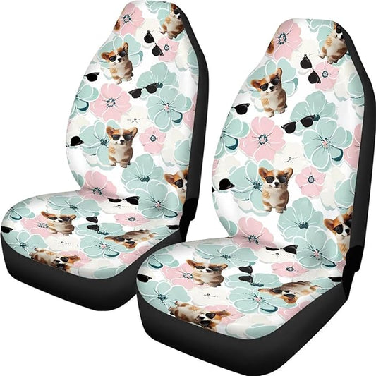 Funny Dog Flowers Car Seat Covers for Womens Mens Universal Auto Front Seats Protector Fits for Car,SUV,Van, Truck
