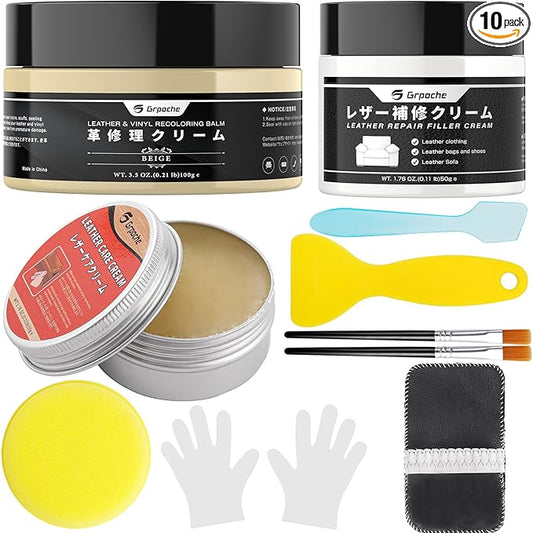 Leather Recoloring Balm Beige, Mink Oil Leather Conditioner & Leather Filler Cream, Leather Repair Kit for Furniture,Vinyl Repair Kit Restore Couches, Car Seats, Purse, Scratch, Peeling, Burn Holes
