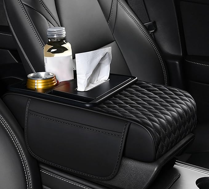Car Armrest Center Console Cover for Hyundai Santa Fe 2000–2025, Center Console Pad with Cup Holder, Multifunctional Armrest Cushion,B Black