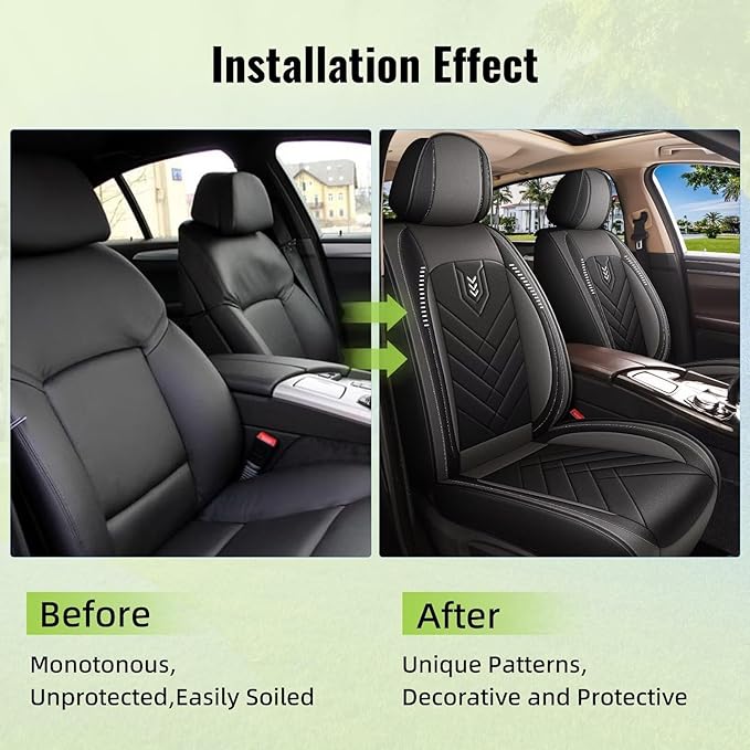 AOMSAZTO 2 Front Seat Covers Fit for VW/Volkswagen CC 2009-2017: First Row 2PCS Faux Leather Waterproof Seat Covers Automotive Seat Cushion Protector(Black&Grey)