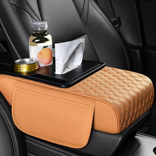 5-in-1 Car Armrest Pad Cushion, Water Ripple Embossed Center Console Booster Pad with Tissue Box, Cup Holder, Storage Bag, Phone Slot, Fit for Most Sedan Vehicles (Water Ripple Series, Orange)