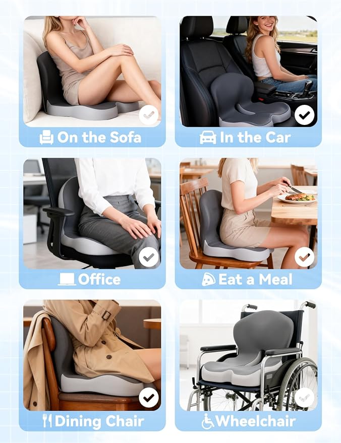Orthopedic Cushion, Ergonomic Orthopedic Cushion for Tailbone Pain Relief, with Memory Foam, Car Seat Cushion with Waist Support, Non-Slip, Breathable, Washable Cover (Gray)