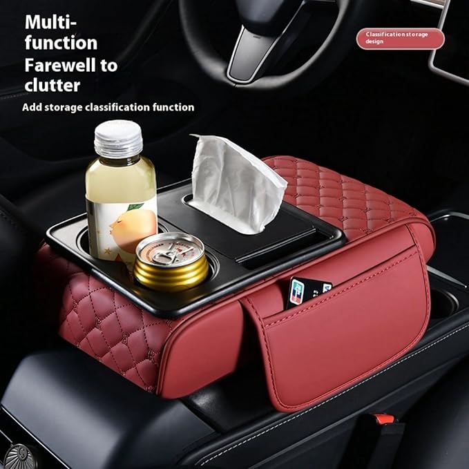 Center Console Cover Organizer, 5-In-1 Arm Rest Cover for Car with Cup Holder & Storage Pocket & Tissue Holder, Armrest Cover Cushion Pad, Grid, Brown