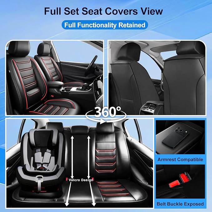 Fit Colorado Car Seat Covers for Select Chevy/Chevrolet Colorado 2015-2026 - Premium Full Coverage Leather, Waterproof & All Weather Seat Cushion Protector, Full Set, Black with Red Trim