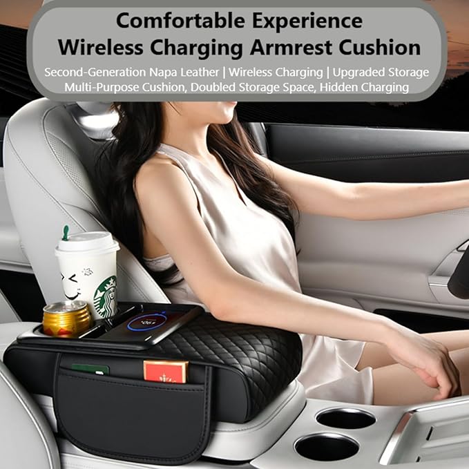 Car Armrest Pad with Built-in Induction Charging, Leather Center Console Cushion with 15W Power Pad, Dual Cup Holders, Storage Pockets - Black