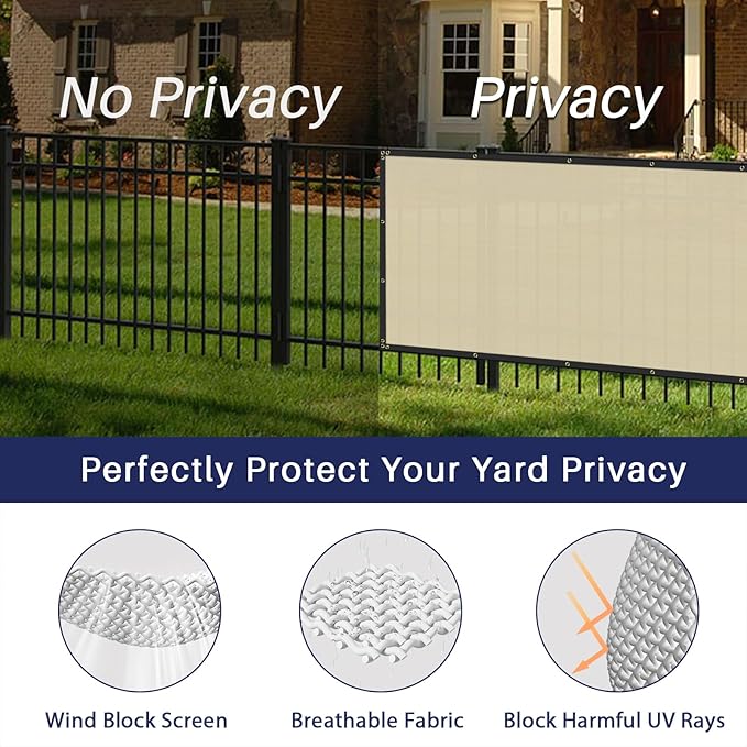Windscreen4less Privacy Fence Screen Heavy Duty Windscreen Fencing Mesh Fabric Shade Net Cover with Brass Grommtes for Outdoor Wall Garden Yard Pool Deck, 8'x203' Beige
