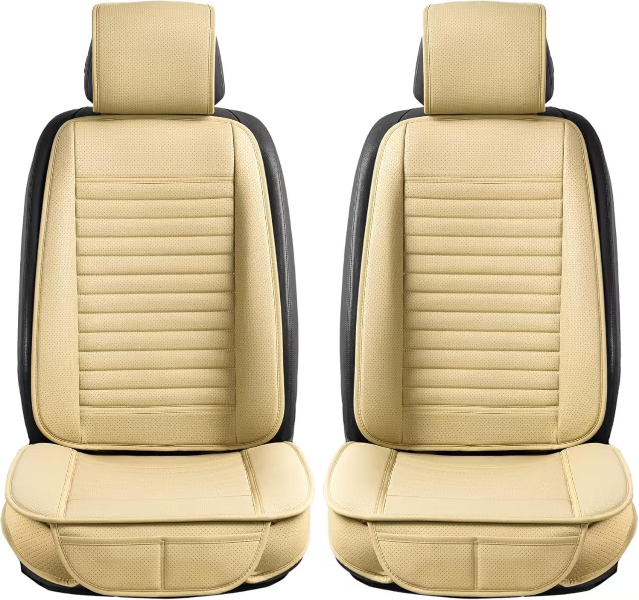 2pc Car Seat Covers, Luxury Car Protectors,Universal Anti-Slip Driver Seat Covers, Edge WrappingsFront Car Seat Covers with PU Leather(Beige)