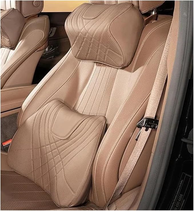 Car Pillow Car Headrest Pillow Set Sewing Leather Lumbar Waist Support Memory Foam Fit for Seat Neck Protctive Cushion Accessories Car Neck Pillow(E)