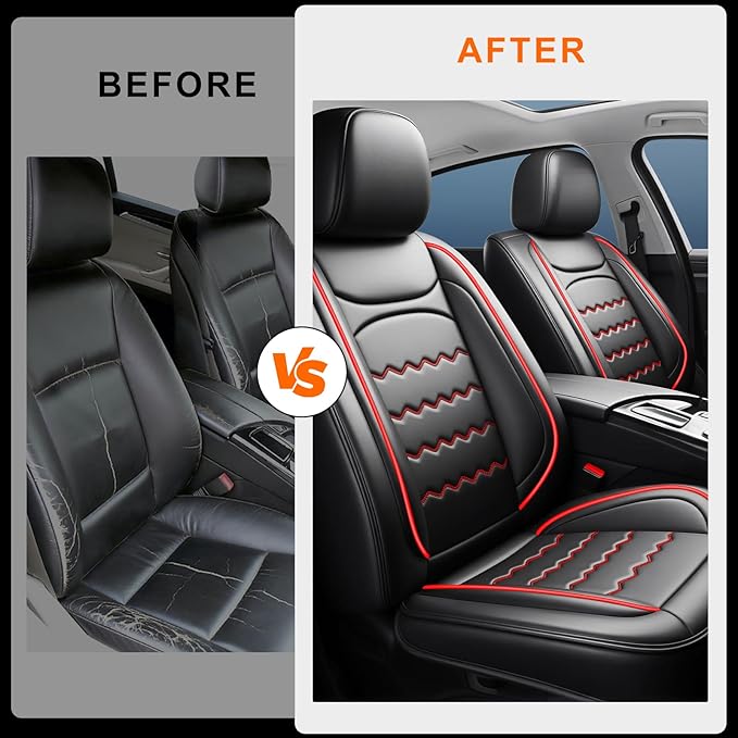Car Seat Covers Fit for Mazda 3 2007-2026, Premium Leather, Full Coverage Leather Waterproof Breathable Seat Covers, Automotive Seat Protectors, Airbag Compatible(2 Front Seats, Black & Red)