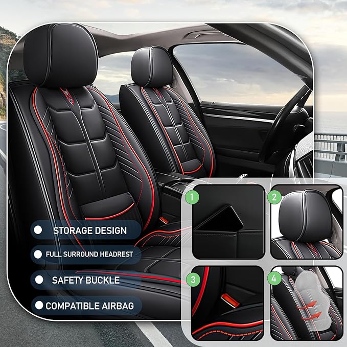 Leather Car Seat Covers Fit for Toyota RAV4 Prime 2021-2024, 5 Seater Car Seat Cover, Premium Waterproof, Scratch Resistant Car Interior Accessories (Full Set Black Red)