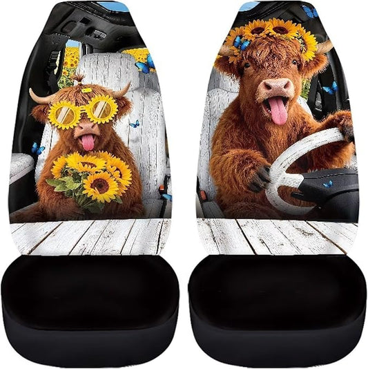 Highland Cow Car Front Seat Covers Set of 2 Nonslip Car Seat Covers Front Seats Only Stretch Polyester Fabric Cover Cars Seats Covers Protector for Cars Sedans SUVs