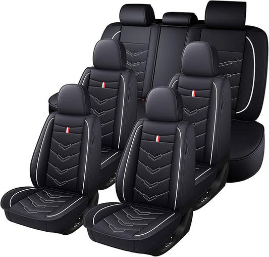 Car Seat Cover 7 Seats for Toyota Highlander 2001-2025, Waterproof Durable Premium Leather Car Seat Protector, Comfortable Anti-Slip Stylish Sport Seat Cover(7 Seats Standard,Black White)