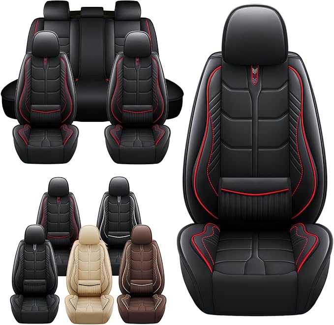Leather Car Seat Covers Fit for Toyota RAV4 Prime 2021-2024, 5 Seater Car Seat Cover, Premium Waterproof, Scratch Resistant Car Interior Accessories (Full Set Black Red)