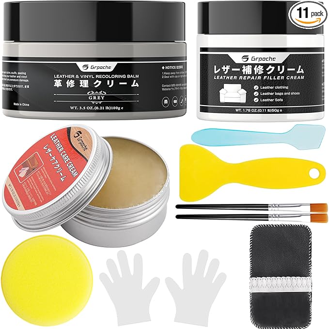 Leather Recoloring Balm Grey, Mink Oil Leather Conditioner & Leather Filler Cream, Leather Repair Kit for Furniture,Vinyl Repair Kit Restore Couches, Car Seats, Purse, Scratch, Peeling, Burn Holes