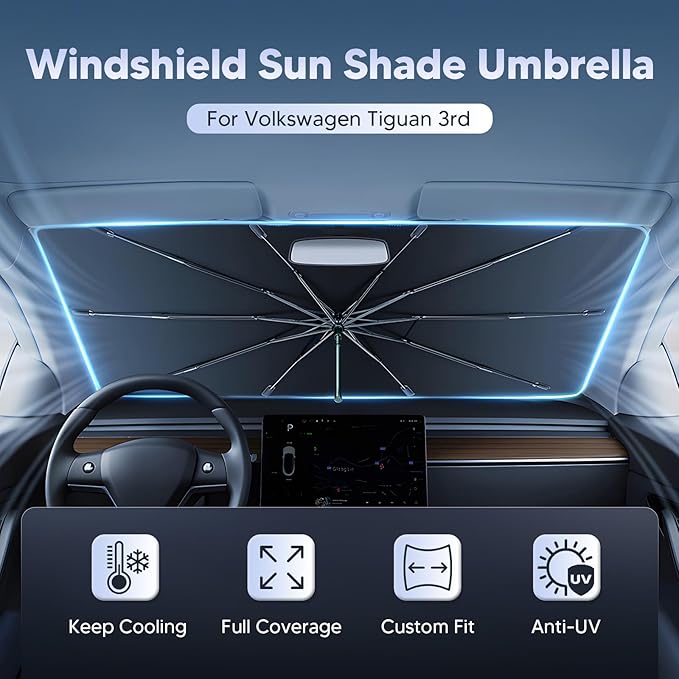 Autorder Windshield Sun Shade Umbrella for 2025-2026 Volkswagen VW Tiguan Accessories,Upgraded Ice Crystal Material,Easy Setup Umbrella Sunshade for Car Windshield,100% Sun Blocking
