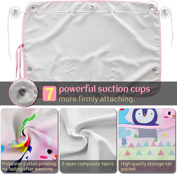 Car Sun Shade for Window Baby (2 Pack), Blackout Window Shades with Storage Net Pocket, 7 Suction Cups, Cute Patterns for Sun/Heat/UV Rays Block