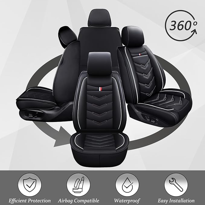 Car Seat Cover for Ford Explorer 2000-2025, Waterproof Durable Compatible Airbag, Premium Leather Seat Protector(5 Seats Standard,Black White)