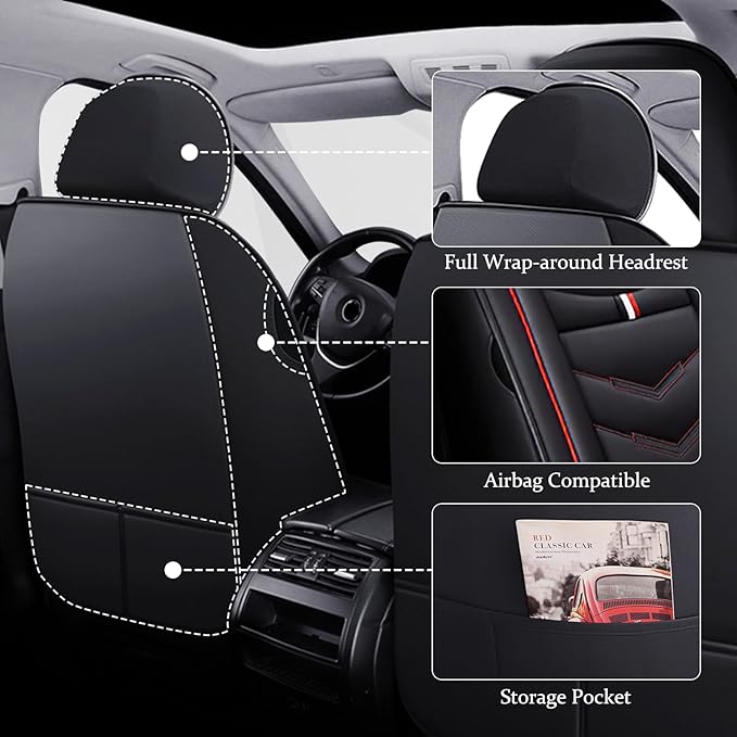 Car Seat Covers 7 Seats for Ford Explorer 2000-2025, Waterproof Durable Compatible Airbag, Premium Leather Seat Protector(7 Seats Standard,Black Red)
