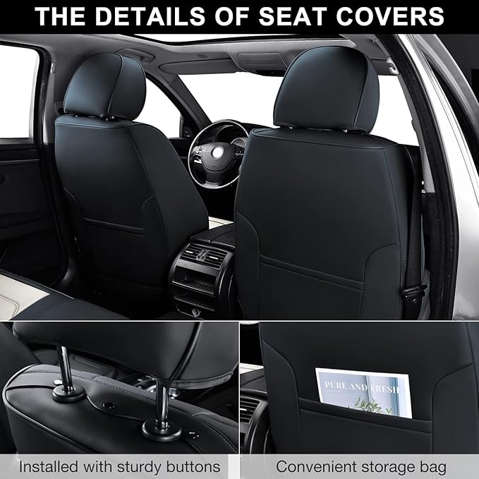 Car Seat Covers Full Set, Breathable Nappa Leather Car Seat Cushions, Auto Interiors Universal Fit for Most Cars, Compatible Automotive Vehicles(Sedan/SUV/Van), Black & White