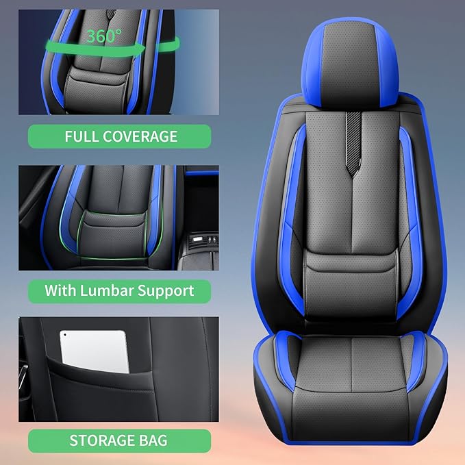 Fit Tucson Car Seat Covers for Hyundai Tucson 2010-2024 2025 2026 -Upgraded Premium Waterproof & Breathable Leather,Airbag Compatible,All-Weather Seat Cushion Protector,Full Set,Black-Blue