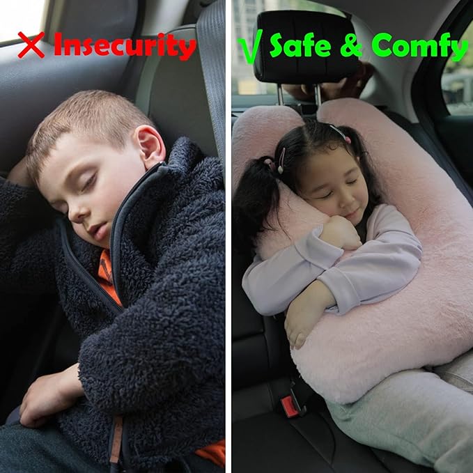 Pink Soft Cotton Travel Neck Pillow -Ergonomic Support for Child and Adult Car Seats, Cozy Compact Pillow for Long-Distance Travel Essentials
