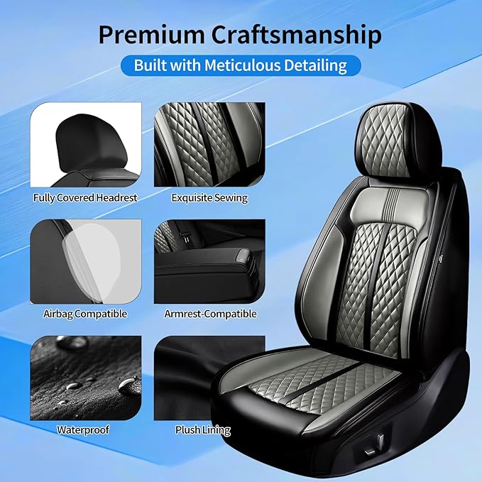 Fit Civic Car Seat Covers for Honda Civic 2020-2026 Sedan(Not for Coupe) - Premium Full Coverage Leather, Waterproof All Weather Breathable Seat Cushion Protector, Full Set, Black+Gray