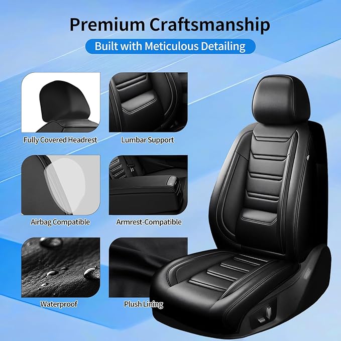 Fit Impala Car Seat Covers for Select Chevrolet/Chevy Impala 2000-2020, Premium Full Coverage Leather, Airbag Compatible, Waterproof All Weather Seat Protector, Full Set, Black