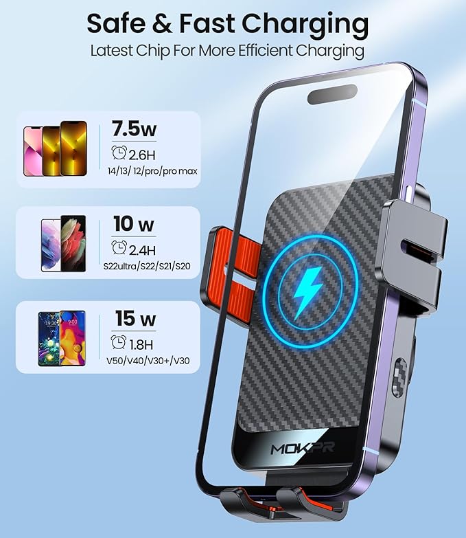 Wireless Car Charger, MOKPR 15W Fast Charging Auto-Clamping Car Mount Hands-Free Car Charger Mount for Dash Windshield Air Vent Compatible with iPhone 16 15/14/13/12, Samsung S23/S22/S21,red