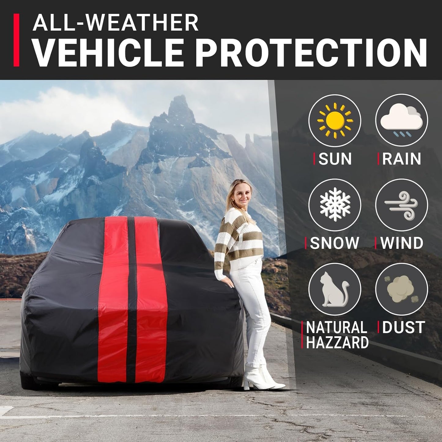iCarCover Custom Car Cover for Pontiac Tempest 2-Door, 4-Door (1961-1963) Waterproof All-Weather Rain Snow UV Sun Protector Full Exterior Indoor Outdoor Car Cover (Stripe - Black/Red)